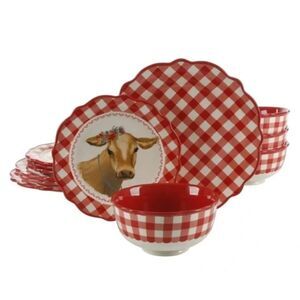 New Pioneer Woman "Brown Cow" Red Gingham 24-Piece Dinnerware Set for 8